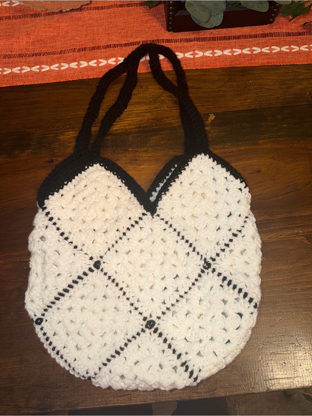 Handmade Crochet White and Black Women’s Tote Bag